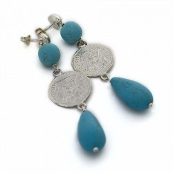Orecchini moneta romana grande e gocce turchese maxi