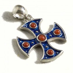 Croce templare con corallo rosso, smalto blu